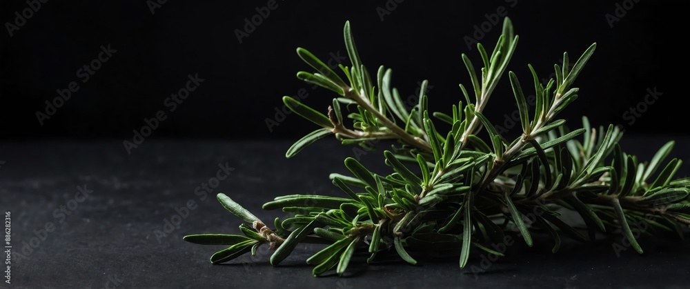 Poster rosemary leaves on plain black background for banner with copy space