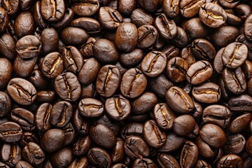 Fototapeta premium Roasted coffee beans are forming a textured background, creating a visually appealing image