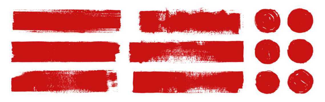 Straight red ink vector lines pack. Bloody color long and round hand-drawn brushstroke text highlights, frames, circles. Asian calligraphy brushstroke set. Rough grunge abstract blood color scribbles