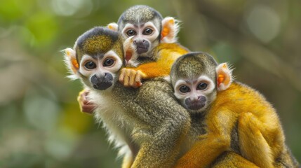 Obraz premium Three Adorable Squirrel Monkeys Clinging Together