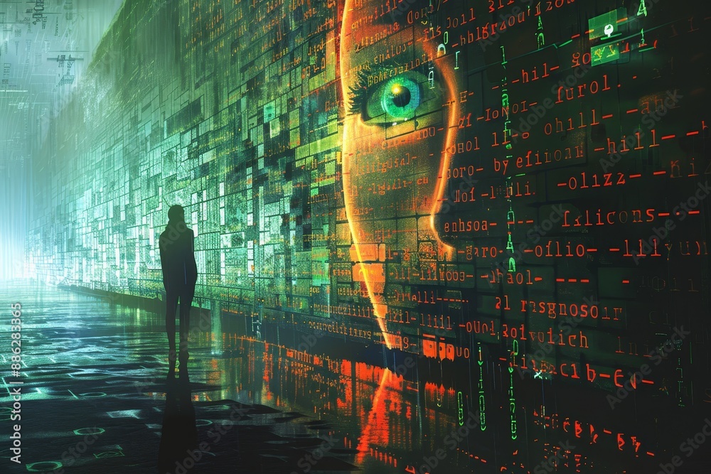 Poster person standing in front of wall of numbers, create a visual interpretation of encryption and its ro