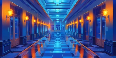 "Cartoon Graduation Party Invitation Empty School Hallway and Glowing Lamps". Concept Cartoon Character Design, Graduation Party Invitations, Empty School Hallway, Glowing Lamps    ..