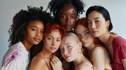 Obraz premium A group of multiethnic women with different kinds of skin posing together in the studio. Idea of self acceptance and body positivity.