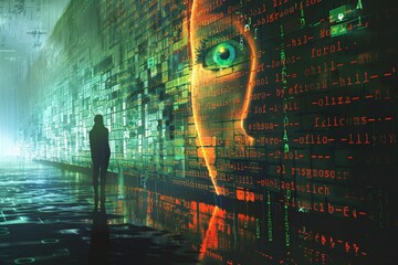 Person Standing in Front of Wall of Numbers, Create a visual interpretation of encryption and its role in protecting online communication