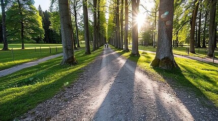 Obraz premium Sunbeams through the Trees on a Gravel Road, Leading Lines, Forest Path in a Park at Sunset