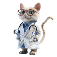 3D cat dressed as a doctor wearing a lab coat and steth