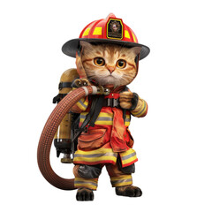 3D cat dressed as a firefighter holding a fire hose