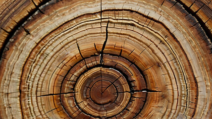 Naklejka premium A macro image of a tree ring cross-section, showing the growth rings and textures.