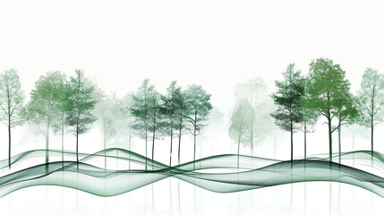 Abstract green trees in a forest design with smoke wavy lines isolated on a white background