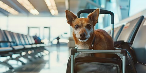 Ready for travel A happy pet in a carrier at the airport. Concept Traveling with Pets, Airport Pet Travel, Happy Pet in Carrier, Pet Travel Tips, Airline Pet Policies