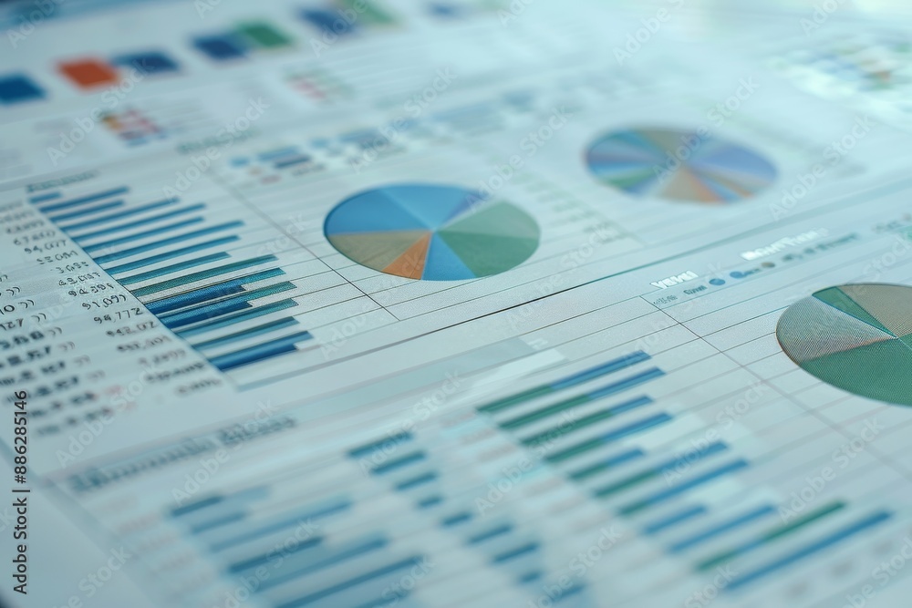 Poster detailed close-up of a sheet of paper filled with various graphs and data, create a visual represent