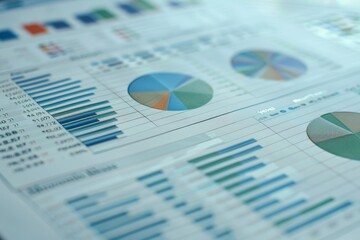 Detailed close-up of a sheet of paper filled with various graphs and data, Create a visual representation of a detailed financial forecast for a new business venture