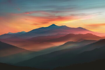 Fototapeta premium The setting sun is casting an orange glow over a misty mountain range
