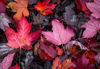 Obraz premium Vibrant Autumn Leaves Close-Up: Red, Pink, And Brown