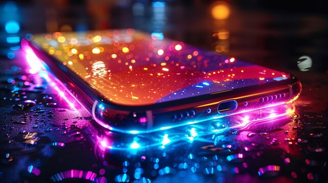 5. Creative lighting illuminating a smartphone with trending hashtags, showcasing online advertising