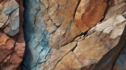 A high-resolution image of a rock face with layers of different minerals and textures
