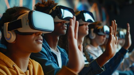 A diverse group of friends is fully immersed in a virtual reality experience, their faces illuminated by the glow of their headsets