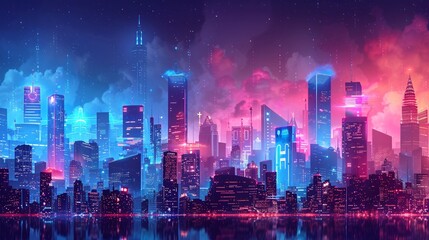 Obraz premium 86. Cyberpunk cityscape with buildings shaped like various marketing funnel stages