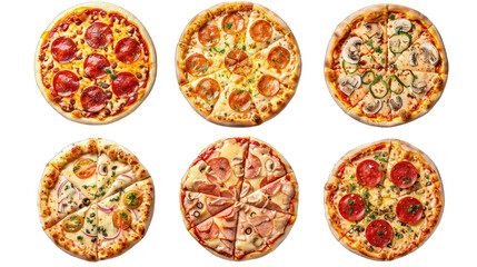 Collection of pizza with various ingredients, transparent background or PNG file. Top view cutouts of fast food