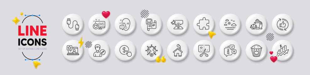 Popcorn, Judge hammer and Puzzle line icons. White buttons 3d icons. Pack of Buy currency, Court jury, Home icon. Refresh like, Info, Charging cable pictogram. Vector