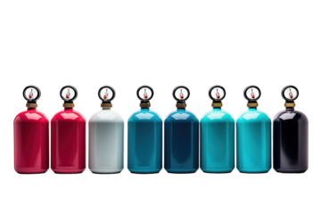 A Spectrum of Cylinders in a Still Life Composition on a White or Clear Surface PNG Transparent Background.
