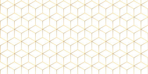 Fototapeta premium Abstract hexagonal futuristic geometric backdrop White background and embossed hexagon , honeycomb gold cube hexagon concept design abstract technology background vector background, or wallpaper.