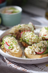 A plate with sandwiches with cottage cheese, radish and cucumber in rustic style	