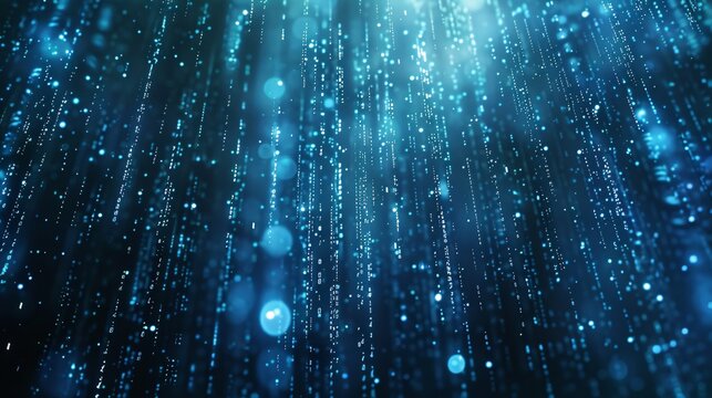 45. Digital rain of binary code forming marketing-related words and symbols