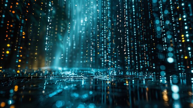 45. Digital rain of binary code forming marketing-related words and symbols