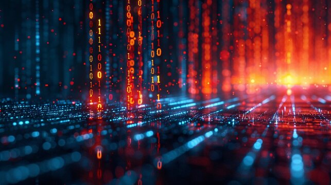 45. Digital rain of binary code forming marketing-related words and symbols