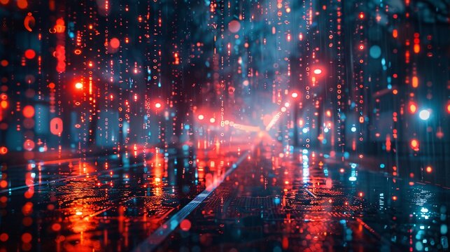 45. Digital rain of binary code forming marketing-related words and symbols