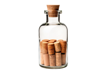A Glass Jar Filled With Cork Stoppers Against a White Background on a White or Clear Surface PNG Transparent Background.