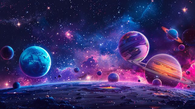 53. Cosmic scene with planets and stars representing different marketing channels
