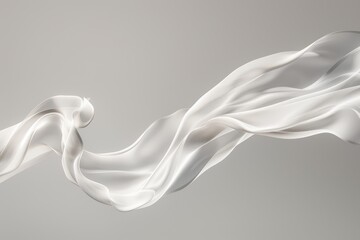 White, flowing fabric on light gray background, elegance and movement in textile design.
