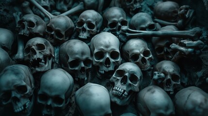 A collection of human skulls and bones stacked together in a dark and eerie setting, creating a macabre and haunting atmosphere.