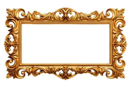A Gilded Ornate Frame Awaits Its Moment on a White or Clear Surface PNG Transparent Background.