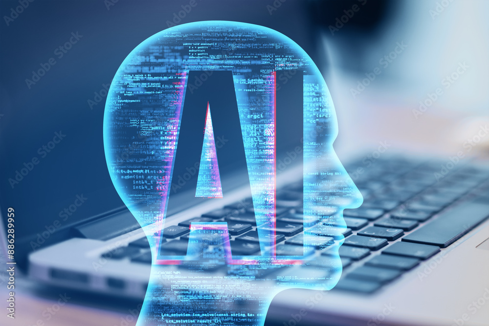 Poster Close up of laptop computer on desk with creative ai head outline on blurry background. Artificial intelligence and innovation concept. Double exposure.