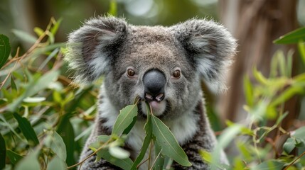 Fototapeta premium Koala Eating Eucalyptus Leaves in a Lush Forest