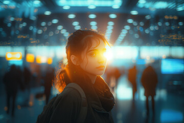 A person attending a job fair, hoping to secure employment.A woman is standing in a crowded room with the sun shining on her face