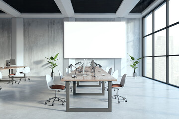 Modern spacious concrete coworking office interior with empty white mock up banner, furniture, panoramic windows and daylight. 3D Rendering.