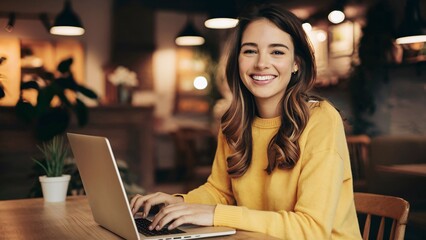 A young woman is sitting at a table in a coffee shop. She has her laptop open and is smiling at the camera. She is wearing a yellow sweater and has long brown hair.