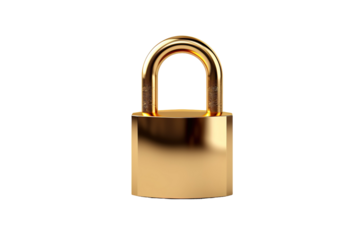 A Golden Padlock Stands Tall Against a White Background on a White or Clear Surface PNG Transparent Background.
