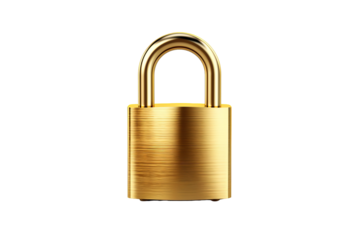 A Golden Padlock Stands Firm Against a White Background on a White or Clear Surface PNG Transparent Background.