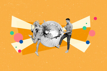 Sketch image composite trend artwork photo collage of listen music disco ball dance playlist...