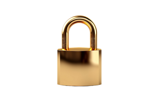 A Golden Padlock Stands Tall Against a White Background on a White or Clear Surface PNG Transparent Background.