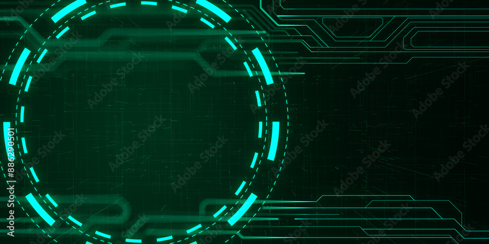 Poster Creative bright green tech background with linear circle. Innovation and technology concept. 3D Rendering.