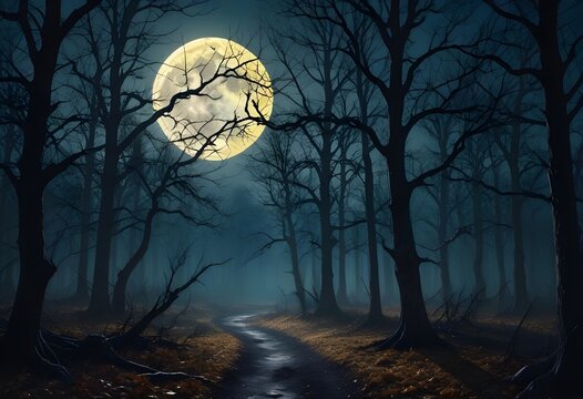 Halloween background wallpaper with a dark, autumnal forest, gnarled bare trees, and a full moon casting an ominous glow over the scene, high detail, navy blue, white and bold yellow color scheme, spl