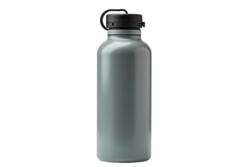 A Silver Water Bottle Stands Tall Against a White Background on a White or Clear Surface PNG Transparent Background.
