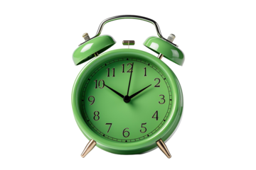 A Vibrant Green Alarm Clock Awakens a New Day on a White or Clear Surface PNG Transparent Background.