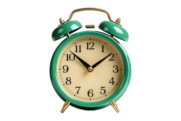 A Vintage Green Alarm Clock Shows the Time as a Gentle Reminder of the Day's Passing on a White or Clear Surface PNG Transparent Background.